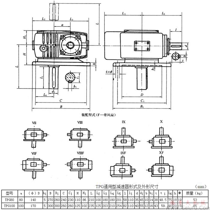TPG80、TPG100、通用型減速機(jī)形式及外形尺寸（Ⅶ—Ⅹ）